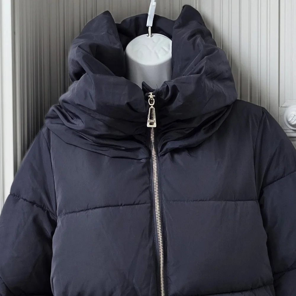 ZARA Down Navy Blue Funnel Neck Water Repellant Hooded Puffer Anorak Coat
